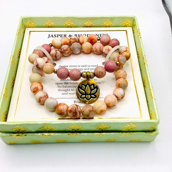 Shivam Jasper & Rhodonite Beaded Bracelet with Lotus Charm - Picture 3 of 7